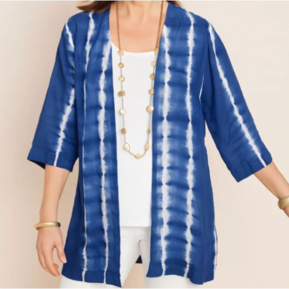 Chico's Tie Dye Linen Open Front Cardigan Blue XS Petite